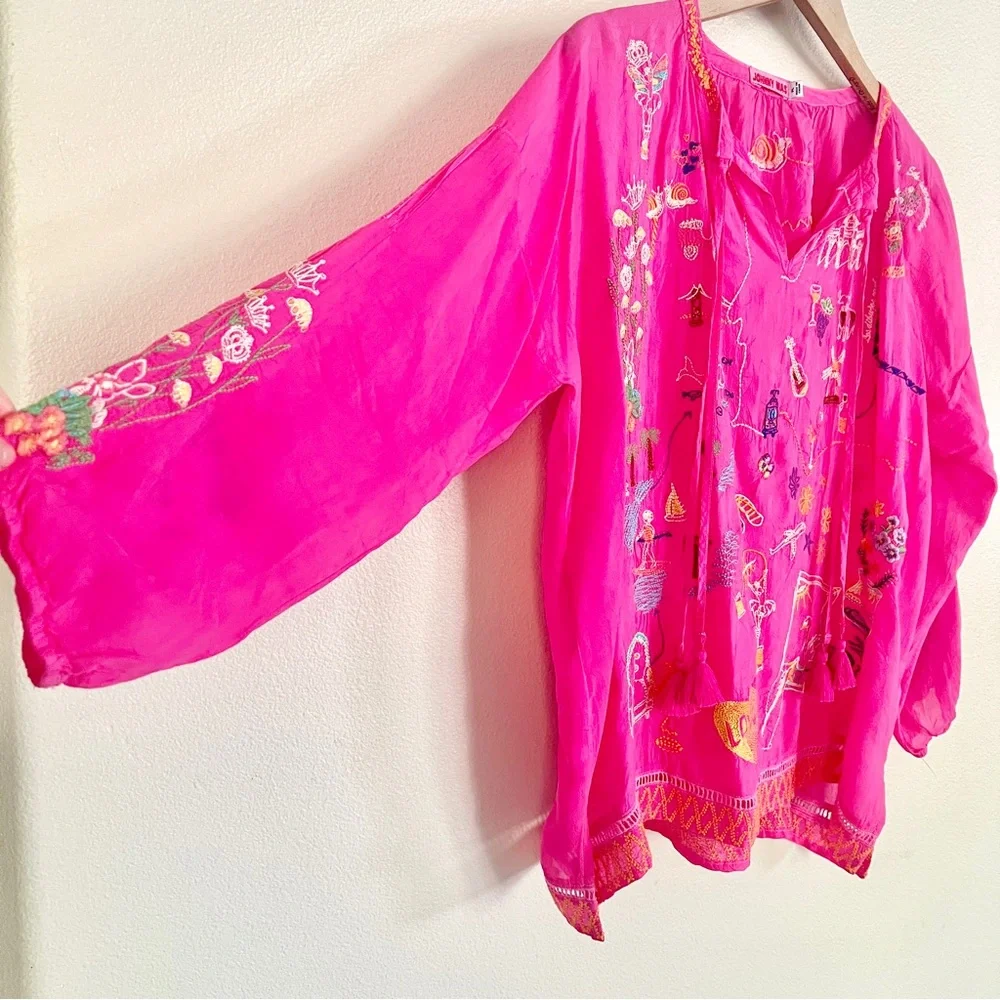 JOHNNY WAS Zadonia Embroidered Tie Neck Blouse in Fuchsia Pink